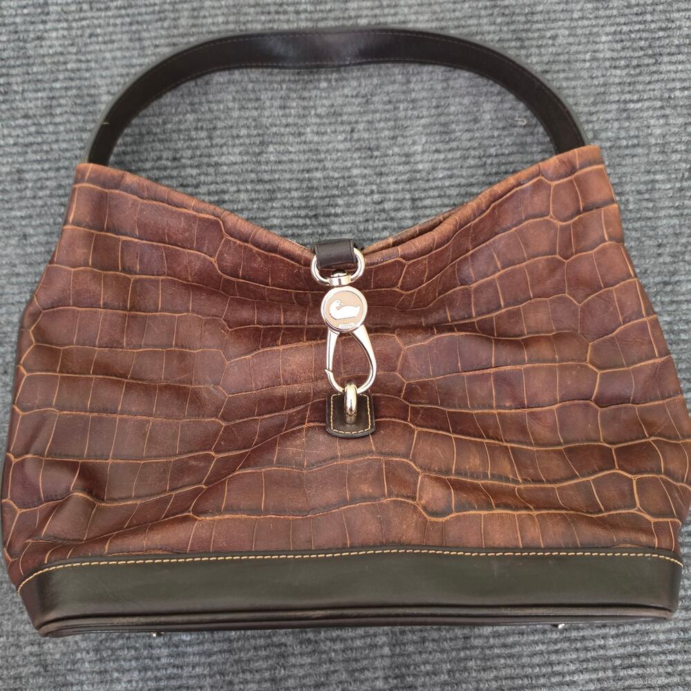 Vintage Dooney & Bourke Bayou Gathered Flap Bag Brown Alligator Embossed Leather